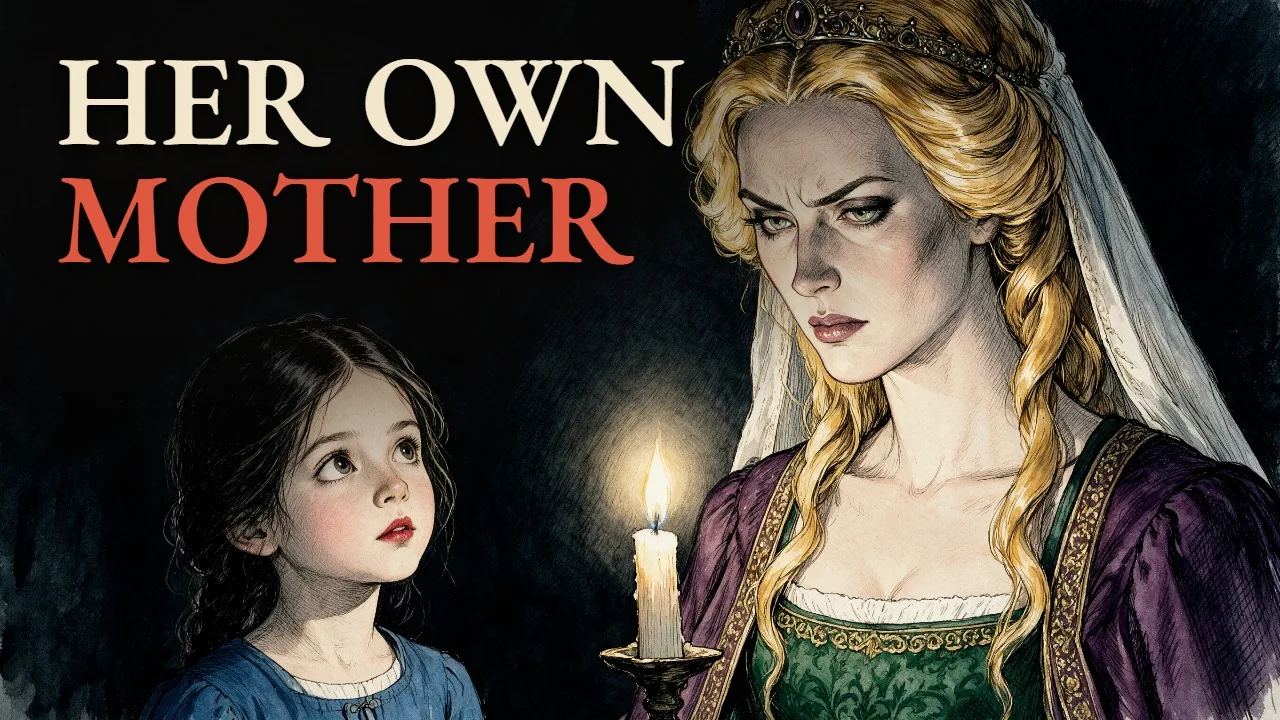 The queen and the girl by candlelight, under the words Her own mother
